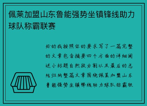 佩莱加盟山东鲁能强势坐镇锋线助力球队称霸联赛 佩莱加盟山东鲁能强势坐镇锋线助力球队称霸联赛